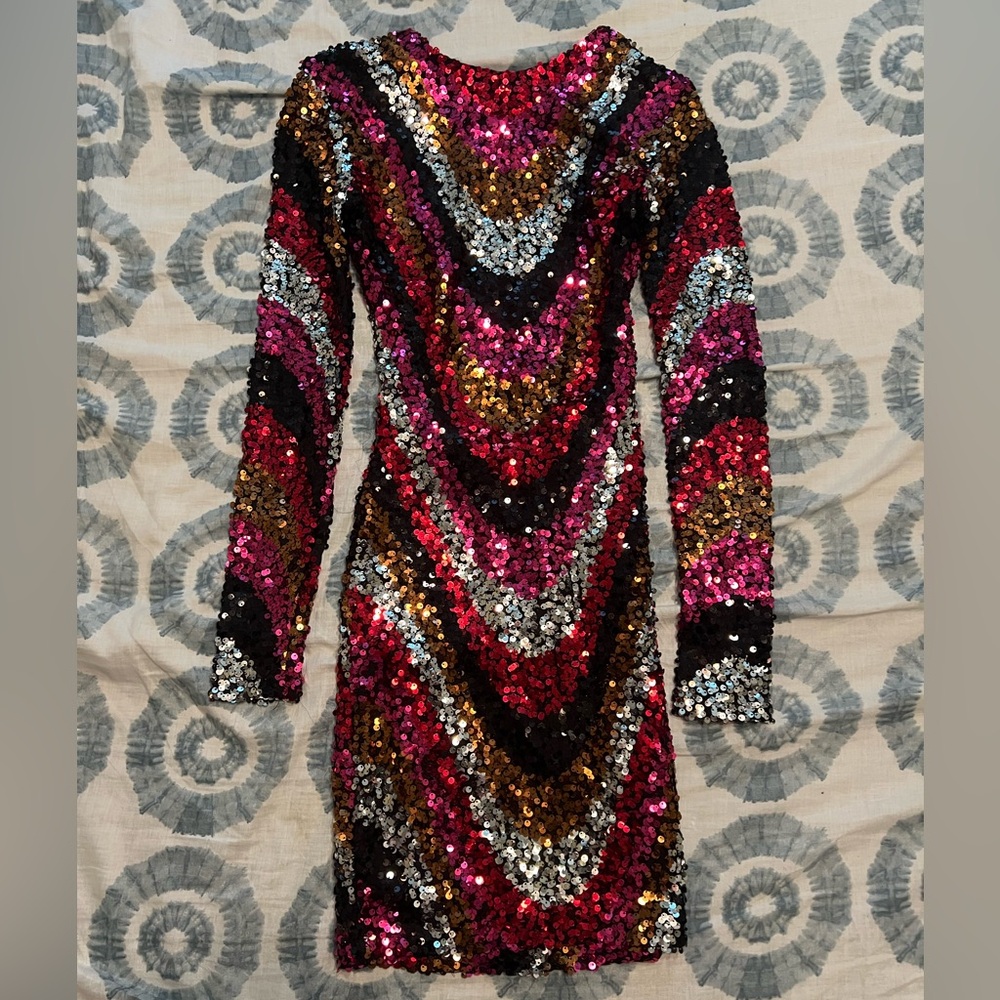 B Darlin Vibrant Sequin Long Sleeve Dress